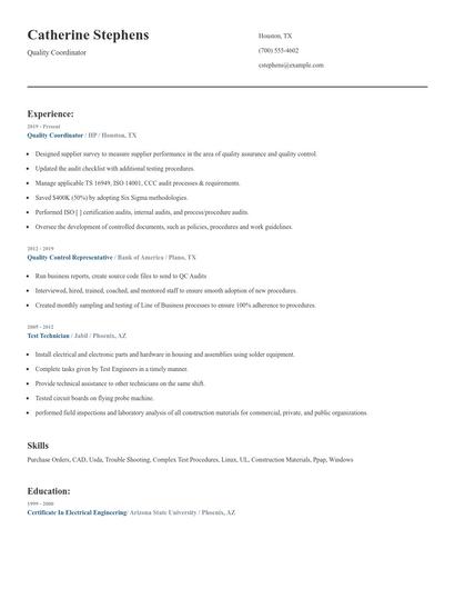 Quality Coordinator Resume