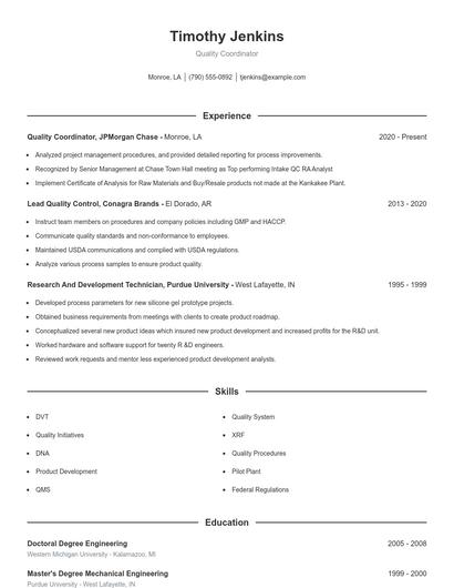 Quality Coordinator Resume