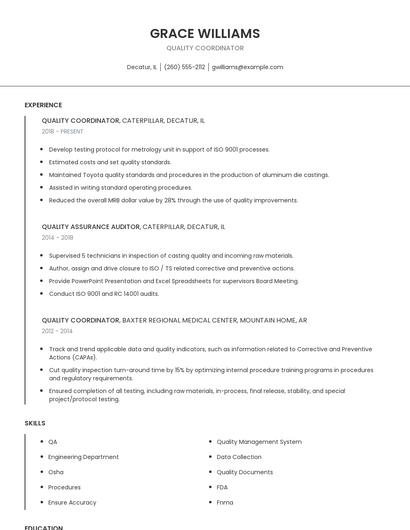 Quality Coordinator Resume