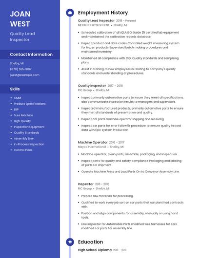 Quality Lead Inspector Resume