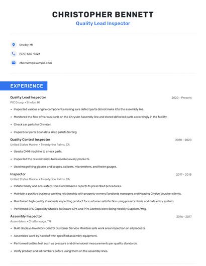 Quality Lead Inspector Resume