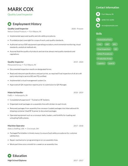Quality Lead Inspector Resume