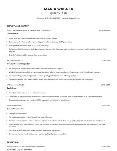 Quality Lead Resume