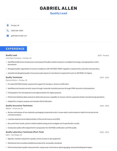 Quality Lead Resume