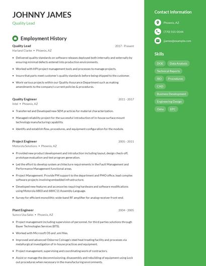 Quality Lead Resume