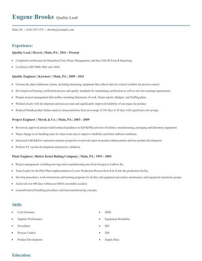 Quality Lead Resume