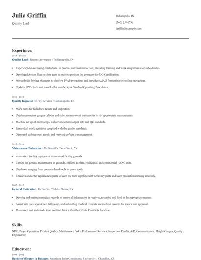 Quality Lead Resume