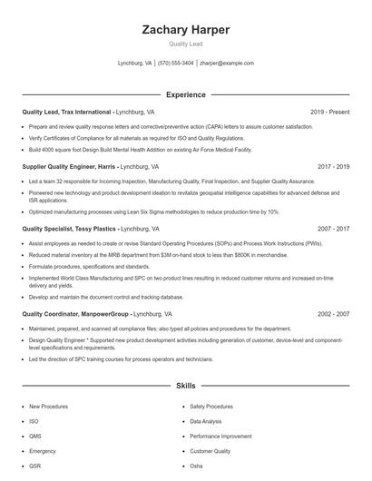 Quality Lead Resume