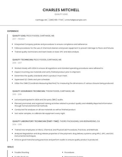 Quality Lead Resume