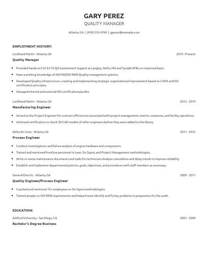Quality Manager Resume