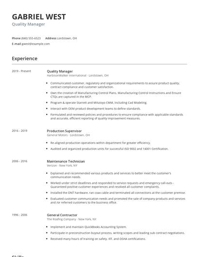 Quality Manager Resume