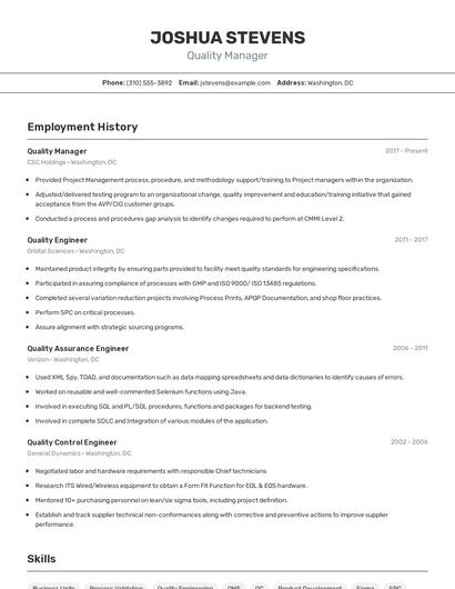 Quality Manager Resume