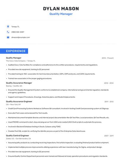 Quality Manager Resume