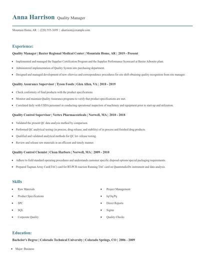 Quality Manager Resume