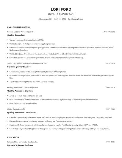 Quality Supervisor Resume