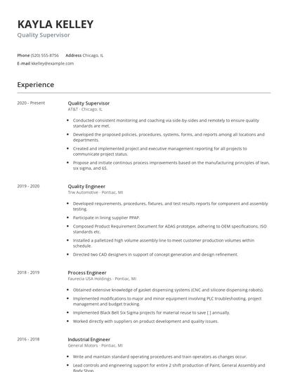 Quality Supervisor Resume