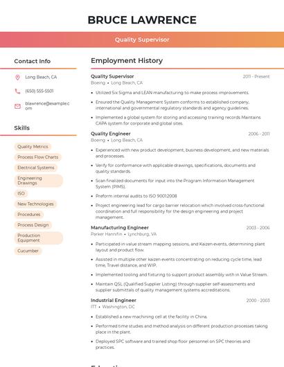 Quality Supervisor Resume