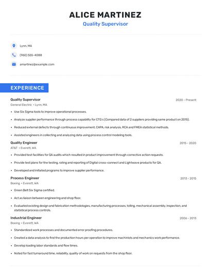 Quality Supervisor Resume