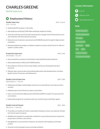 Quality Supervisor Resume