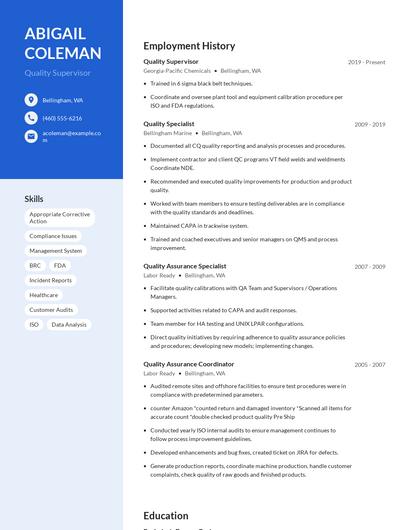 Quality Supervisor Resume