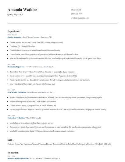 Quality Supervisor Resume
