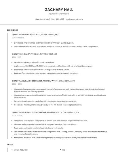 Quality Supervisor Resume