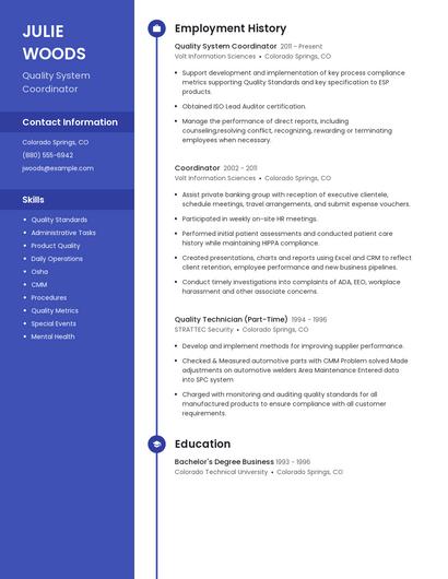 Quality System Coordinator Resume