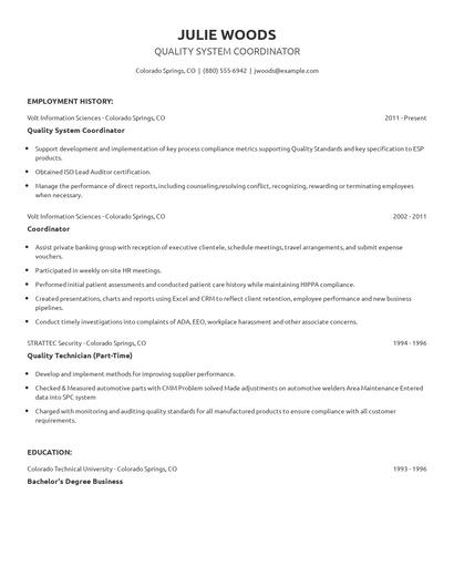 Quality System Coordinator Resume