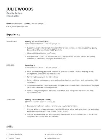 Quality System Coordinator Resume