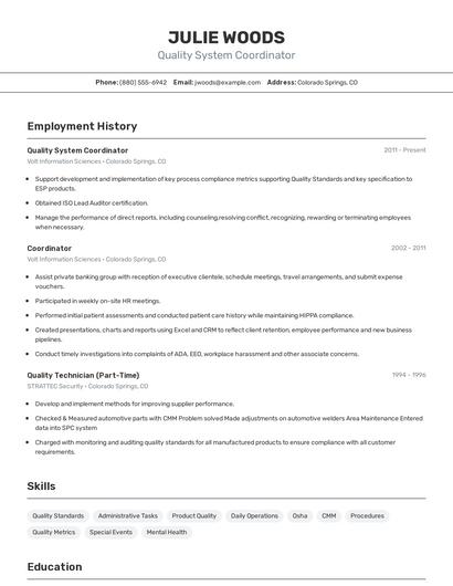 Quality System Coordinator Resume