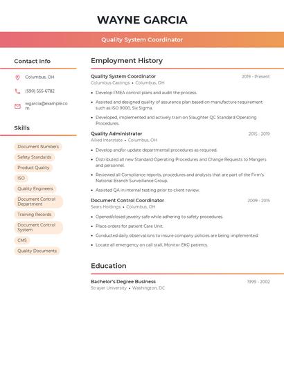 Quality System Coordinator Resume