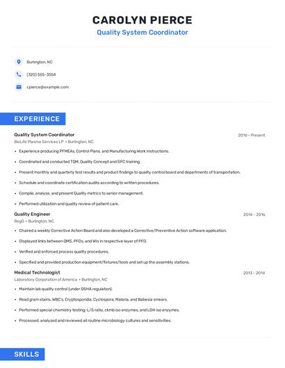 Quality System Coordinator Resume