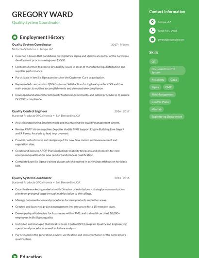 Quality System Coordinator Resume
