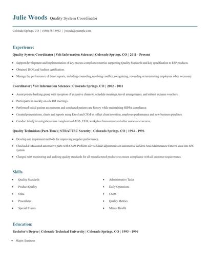 Quality System Coordinator Resume