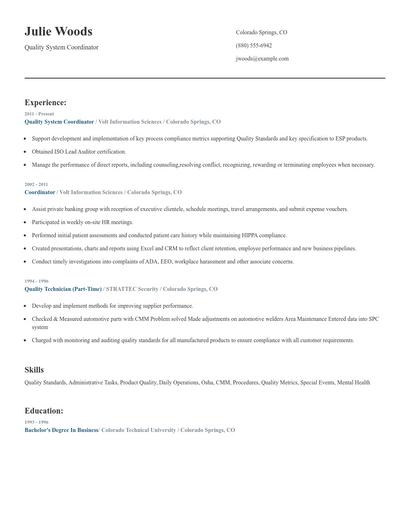 Quality System Coordinator Resume