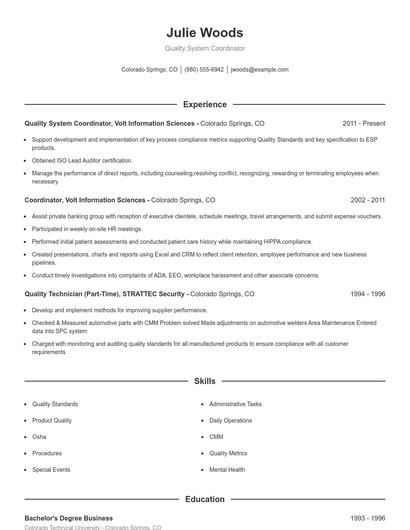 Quality System Coordinator Resume
