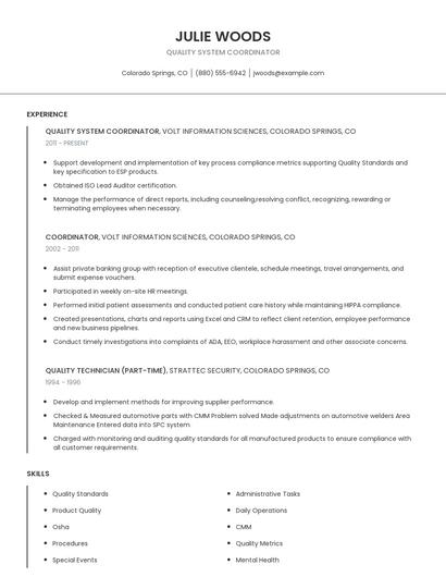 Quality System Coordinator Resume