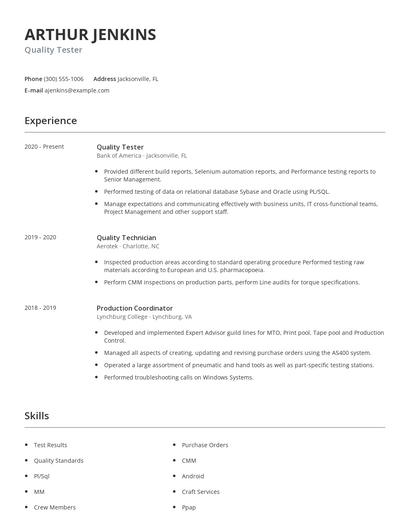 Quality Tester Resume