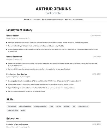 Quality Tester Resume