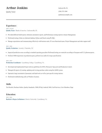 Quality Tester Resume