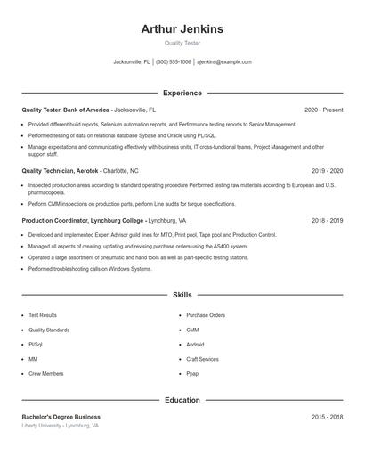 Quality Tester Resume