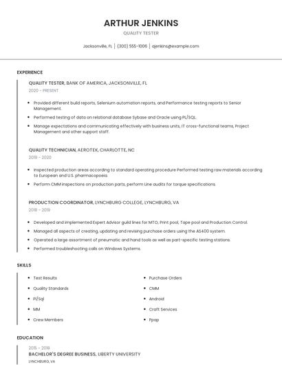 Quality Tester Resume