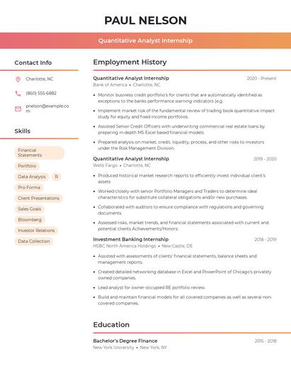 Quantitative Analyst Internship Resume