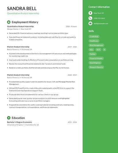 Quantitative Analyst Internship Resume