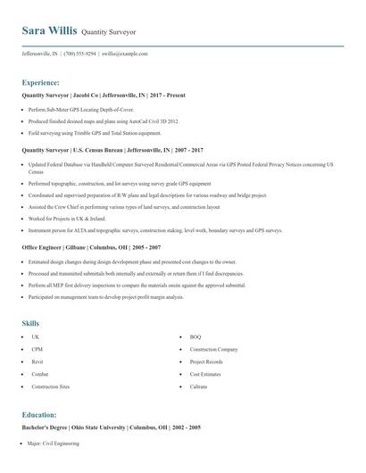Quantity Surveyor Resume