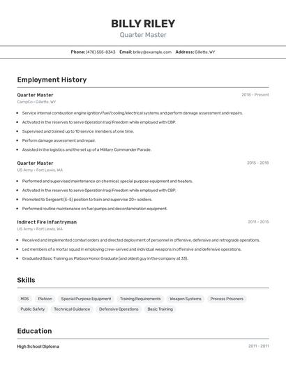 Quarter Master Resume