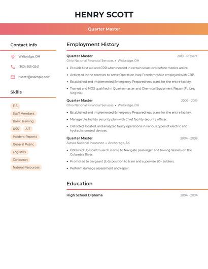 Quarter Master Resume
