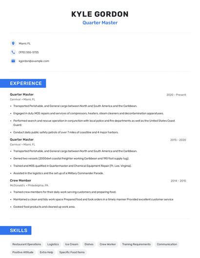 Quarter Master Resume