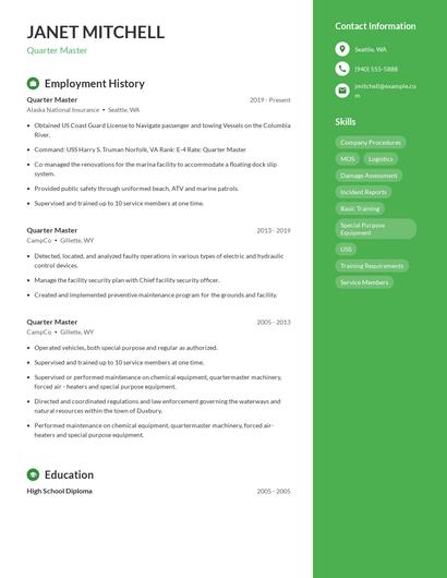 Quarter Master Resume