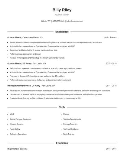 Quarter Master Resume